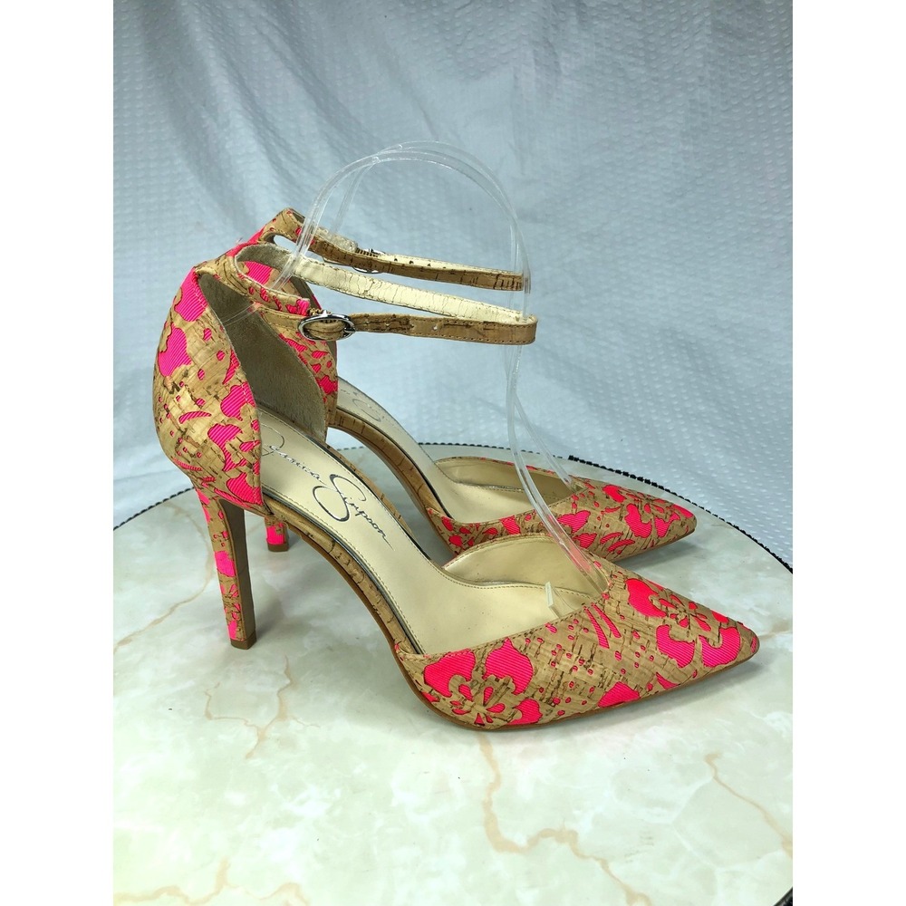 Jessica Simpson Floral Cork Ankle Strap Stilettos Heel Women 8 Pink Pointed Toe - Picture 3 of 12